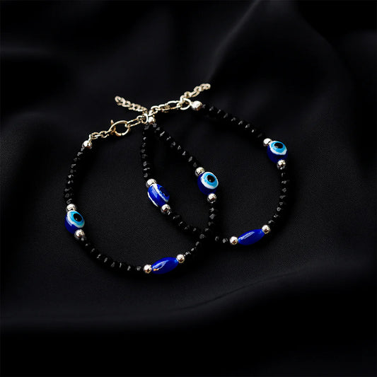 Black Bead Evil Eye Protection Bracelet Set – Adjustable 2 Pc Combo