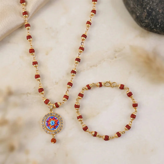 Sacred Rudraksha Jewelry Set with Colorful Pendant – Spiritual Balance & Blessings