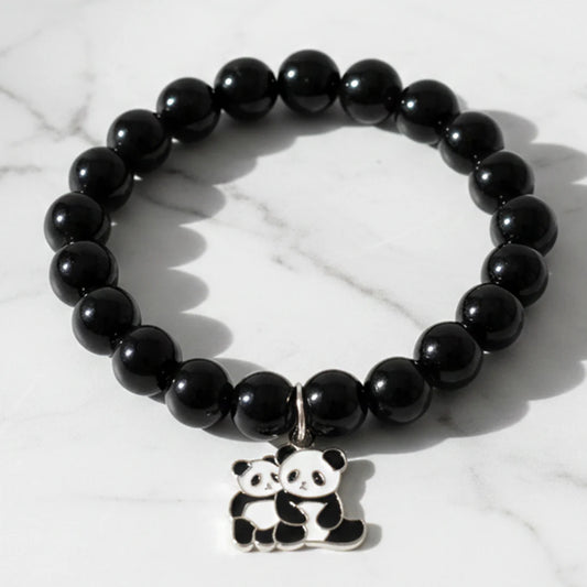 Premium Black Beaded Stretch Bracelet with Panda Charm – Cute Design (1 Pc)