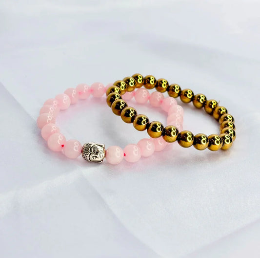 Reiki Crystal Products Natural Rose Quartz Bracelet with Buddha Head – 2 Pc Set
