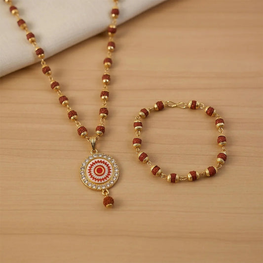 Traditional Rudraksha Gold Pendant Necklace & Bracelet Set
