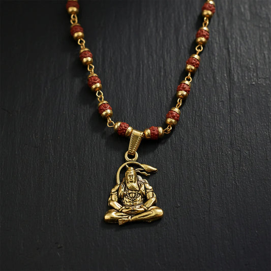 Sacred Hanuman Gold Pendant Rudraksha Mala – Divine Blessings & Positive Energy