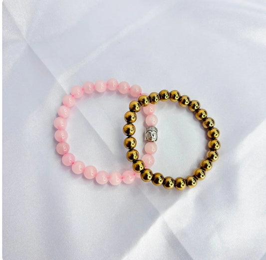 Reiki Crystal Products Natural Rose Quartz Bracelet with Buddha Head – 2 Pc Set