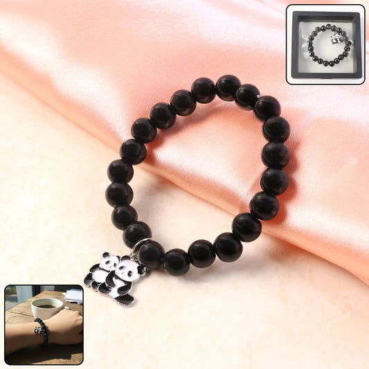 Premium Black Beaded Stretch Bracelet with Panda Charm – Cute Design (1 Pc)