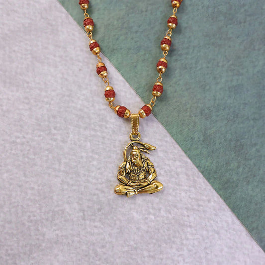 Sacred Hanuman Gold Pendant Rudraksha Mala – Divine Blessings & Positive Energy